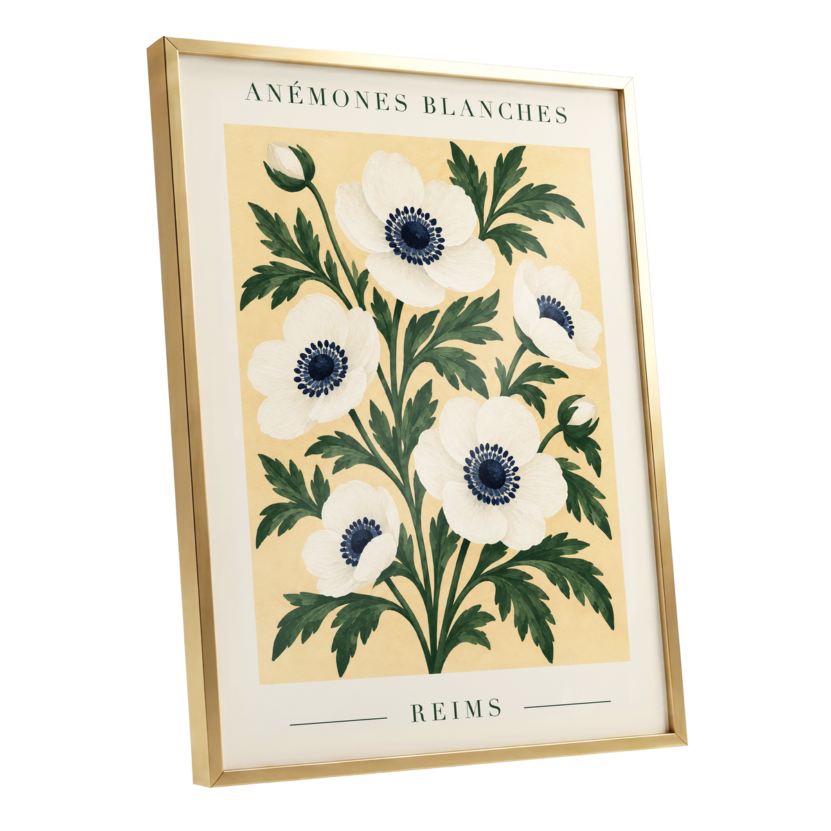 Anemones of Reims, white, blue, green floral wall art shown as a gold framed poster wall art print