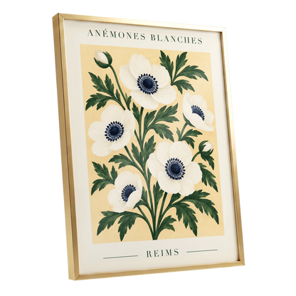 Anemones of Reims, white, blue, green floral wall art shown as a gold framed poster wall art print