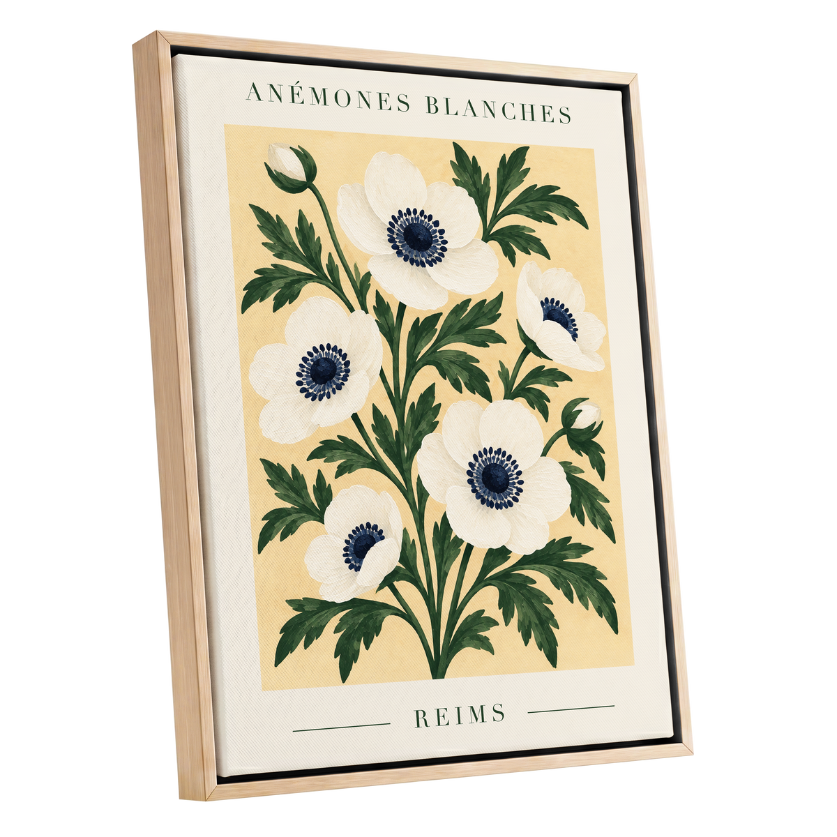 Anemones of Reims, white, blue, green floral wall art shown as a oak framed canvas wall art