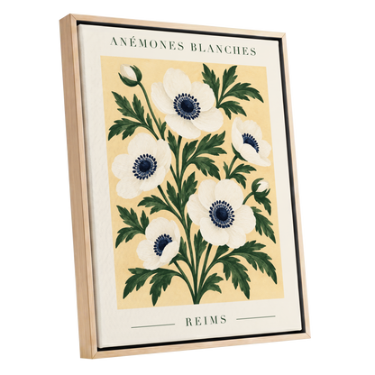 Anemones of Reims, white, blue, green floral wall art shown as a oak framed canvas wall art