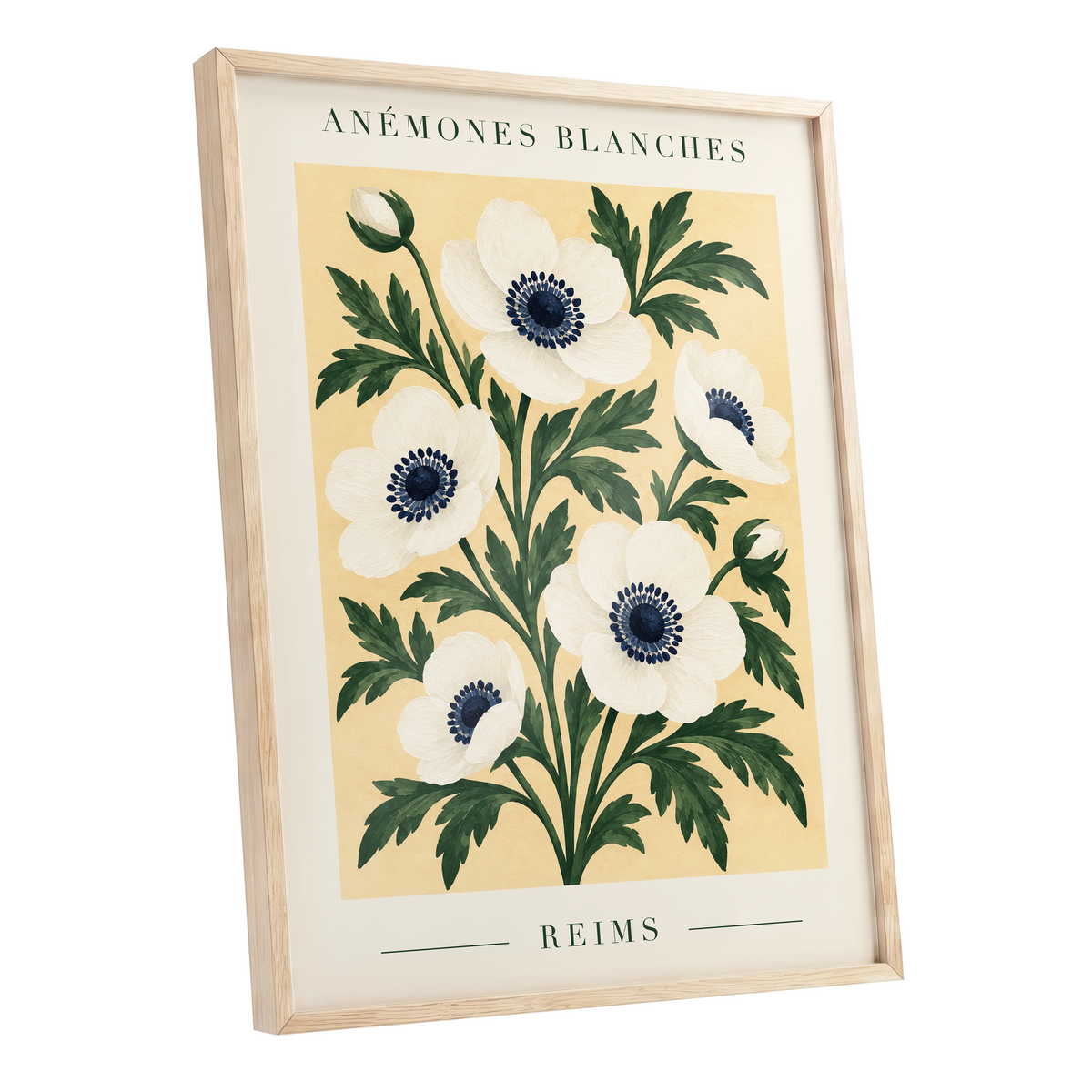 Anemones of Reims, white, blue, green floral wall art shown as a oak framed poster wall art print