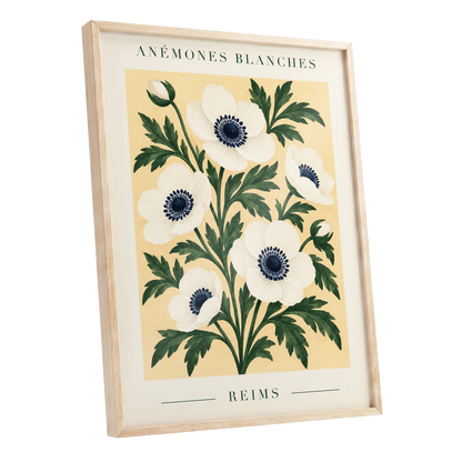 Anemones of Reims, white, blue, green floral wall art shown as a oak framed poster wall art print