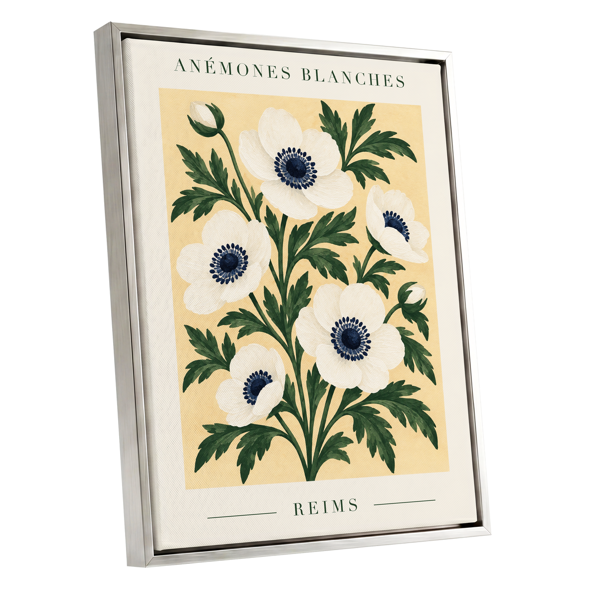 Anemones of Reims, white, blue, green floral wall art shown as a silver framed canvas wall art