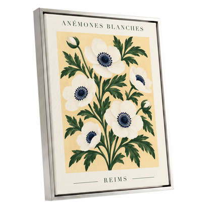 Anemones of Reims, white, blue, green floral wall art shown as a silver framed canvas wall art