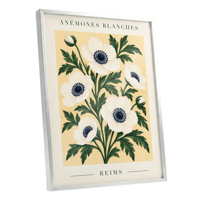Anemones of Reims, white, blue, green floral wall art shown as a silver framed poster wall art print