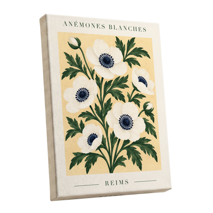 Anemones of Reims, white, blue, green floral wall art shown as a stretched canvas wall art