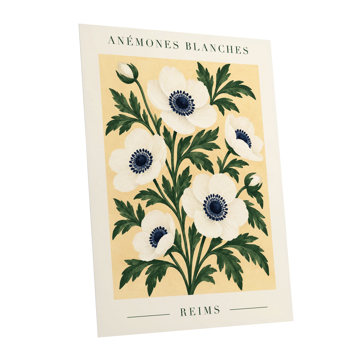 Anemones of Reims, white, blue, green floral wall art shown as a unframed poster wall art print