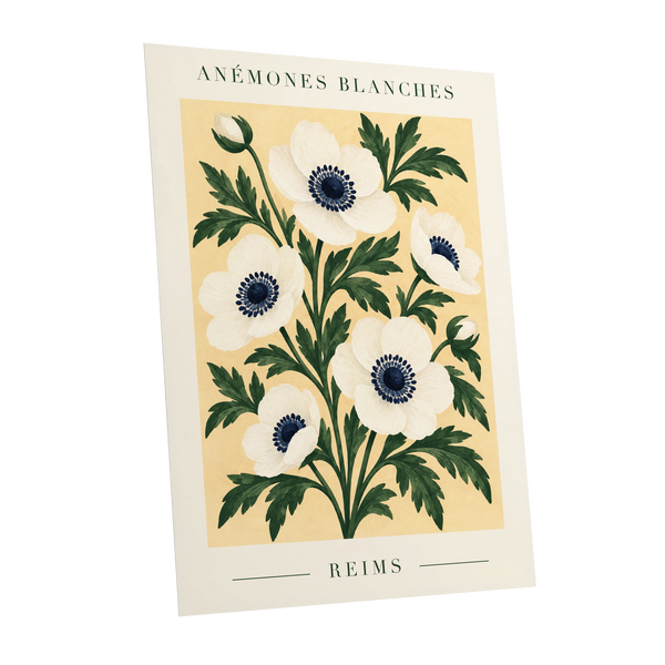 Anemones of Reims, white, blue, green floral wall art shown as a unframed poster wall art print