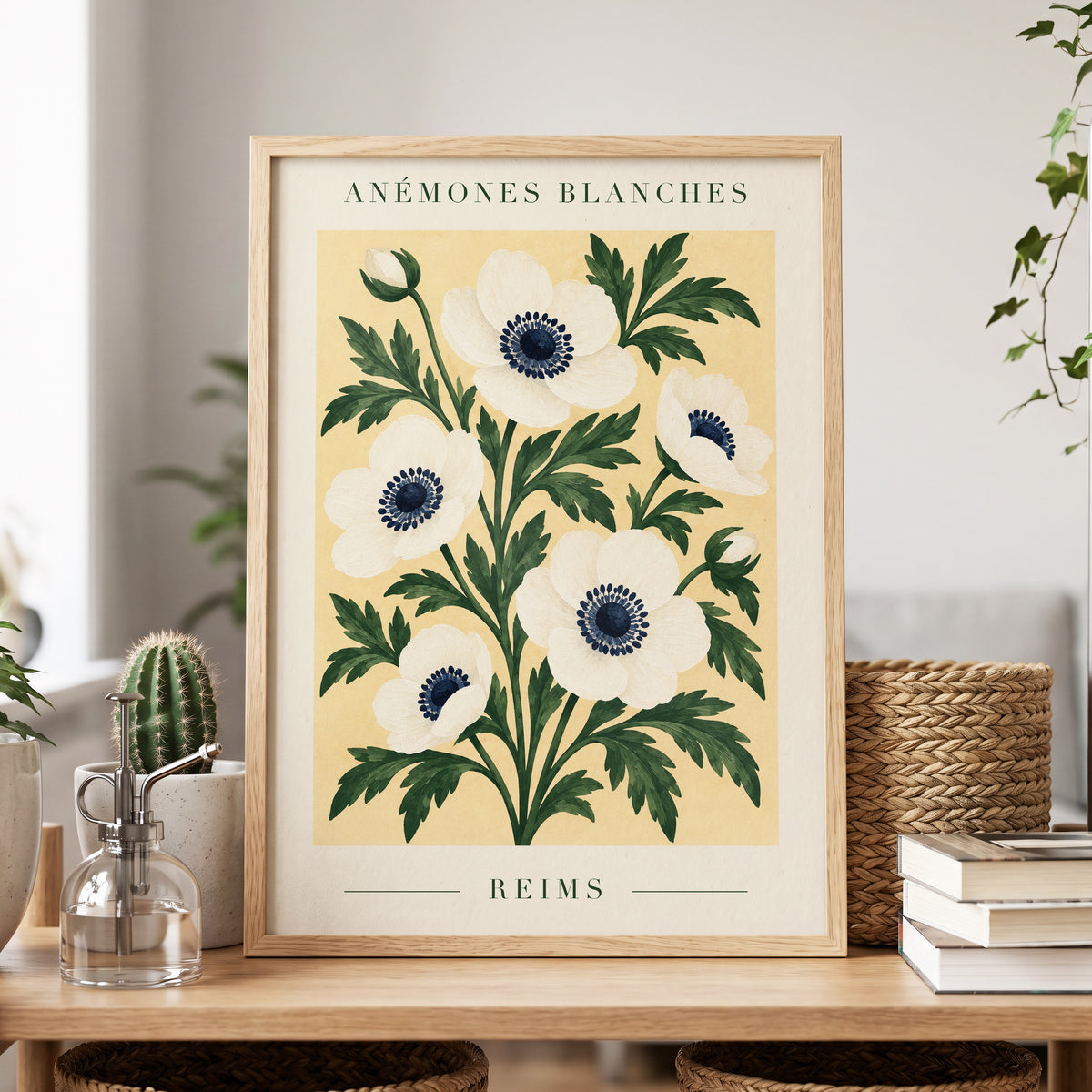 Anemones of Reims, white, blue, green floral wall art displayed in a styled interior, gallery view 2