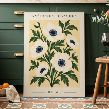 Anemones of Reims, white, blue, green floral wall art displayed in a styled interior, gallery view 3