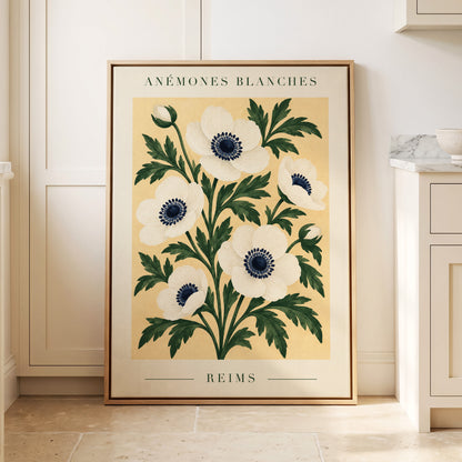 Anemones of Reims, white, blue, green floral wall art displayed in a styled interior, gallery view 4