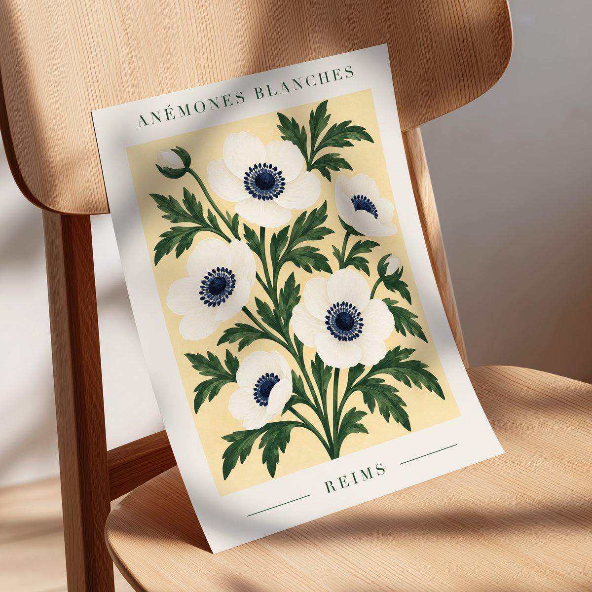 Anemones of Reims, white, blue, green floral wall art displayed in a styled interior, gallery view 5