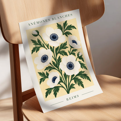 Anemones of Reims, white, blue, green floral wall art displayed in a styled interior, gallery view 5