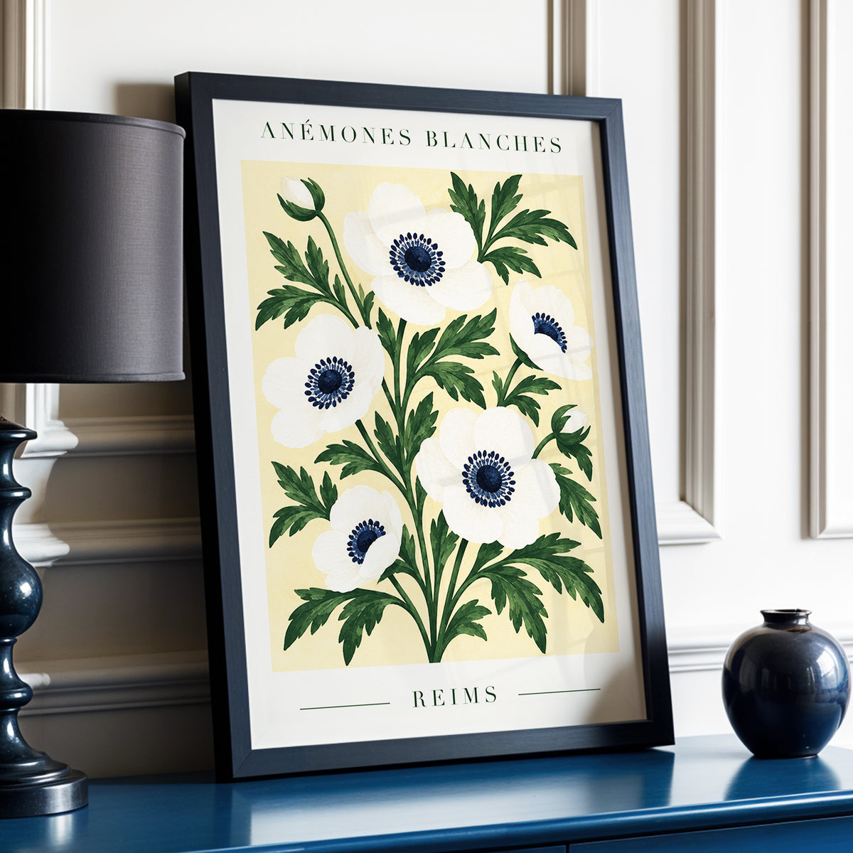 Anemones of Reims, white, blue, green floral wall art displayed in a styled interior, gallery view 6