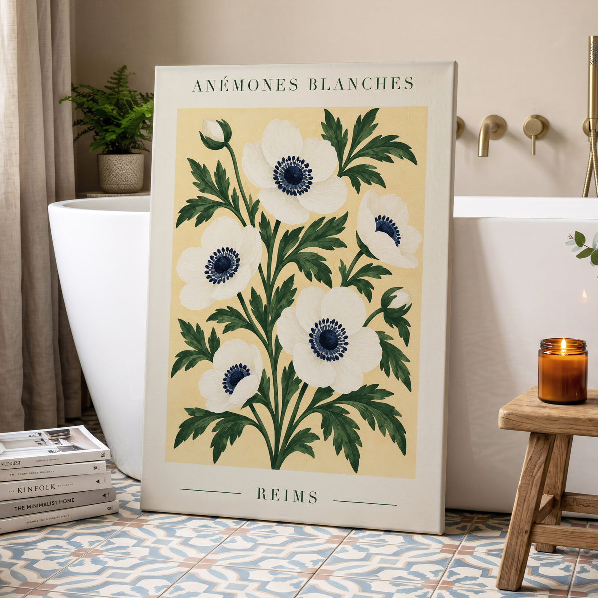 Anemones of Reims, white, blue, green floral wall art displayed in a styled interior, gallery view 7