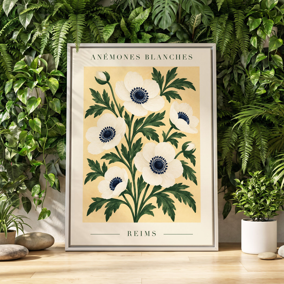 Anemones of Reims, white, blue, green floral wall art displayed in a styled interior, gallery view 8
