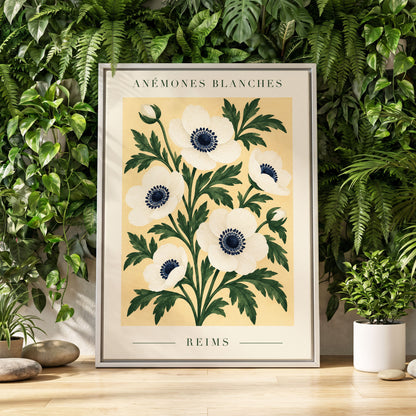 Anemones of Reims, white, blue, green floral wall art displayed in a styled interior, gallery view 8