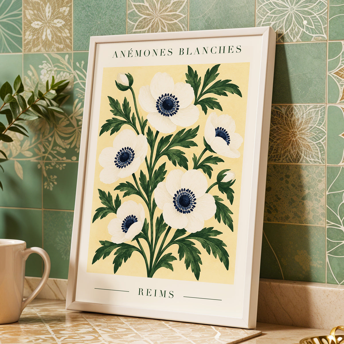 Anemones of Reims, white, blue, green floral wall art displayed in a styled interior, gallery view 9