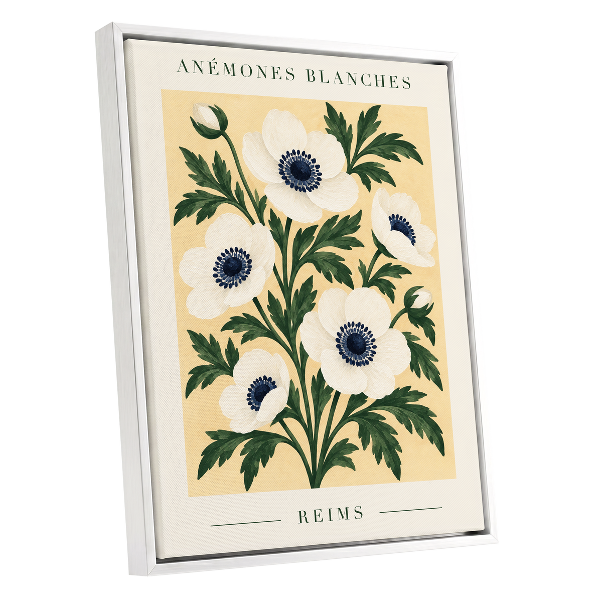 Anemones of Reims, white, blue, green floral wall art shown as a white framed canvas wall art