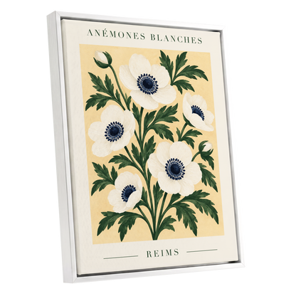 Anemones of Reims, white, blue, green floral wall art shown as a white framed canvas wall art