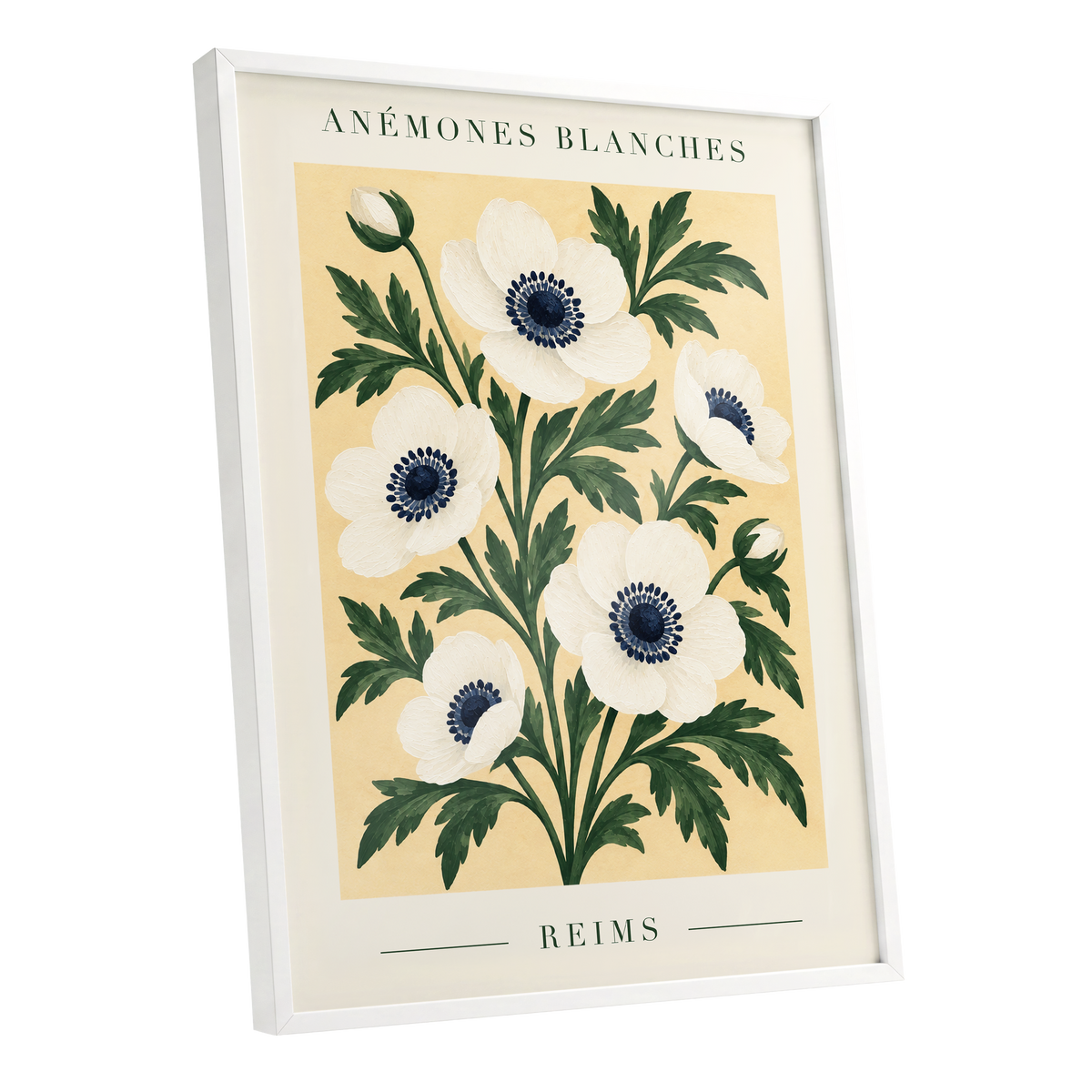 Anemones of Reims, white, blue, green floral wall art shown as a white framed poster wall art print