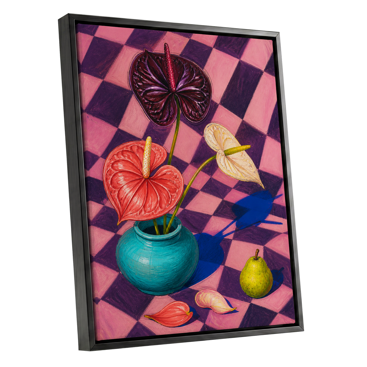 Anthurium Checkmate, pink, purple, red floral wall art shown as a black framed canvas wall art