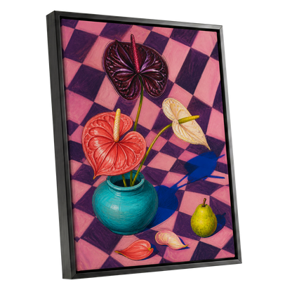 Anthurium Checkmate, pink, purple, red floral wall art shown as a black framed canvas wall art