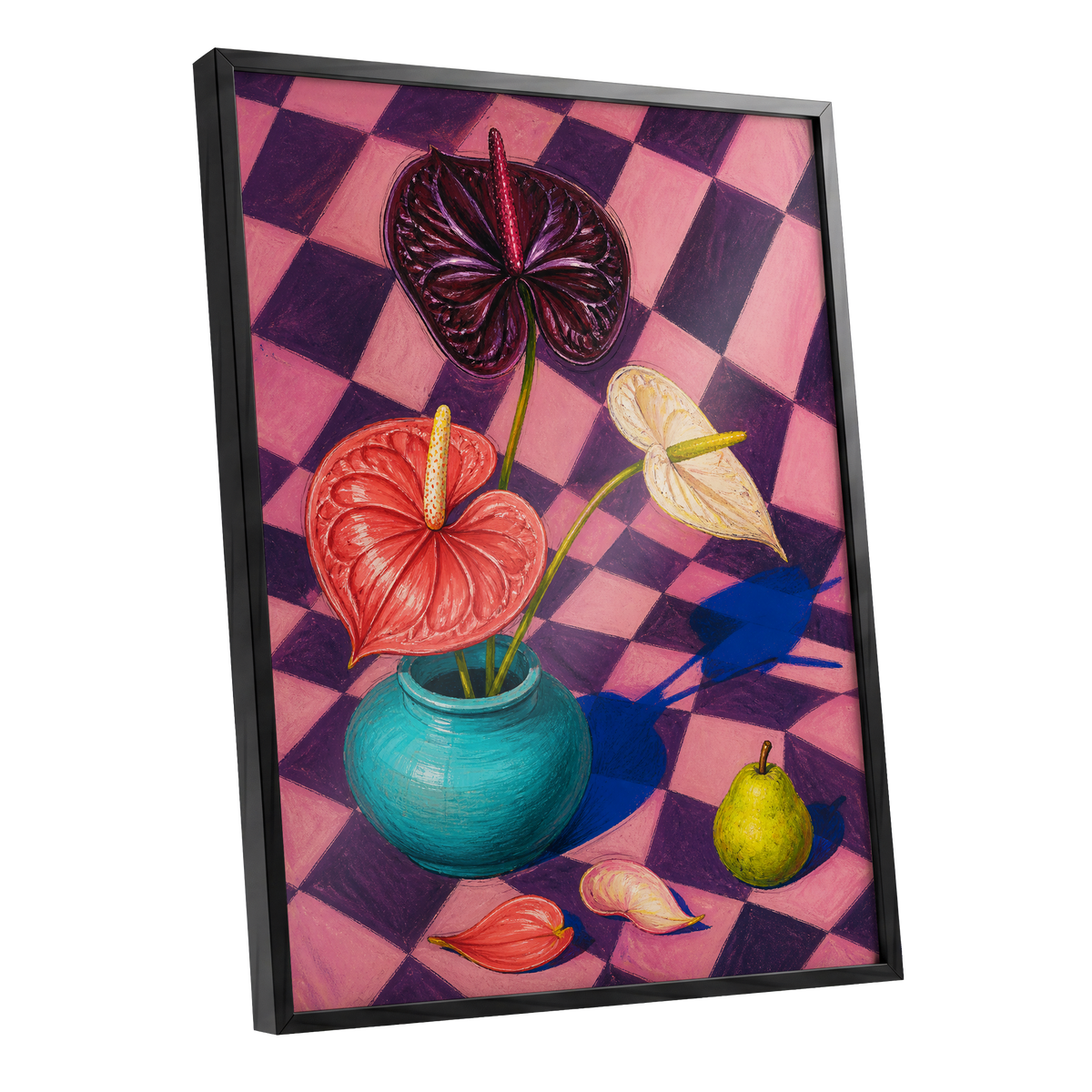 Anthurium Checkmate, pink, purple, red floral wall art shown as a black framed poster wall art print