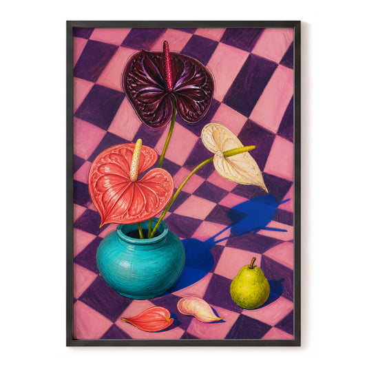 Anthurium Checkmate, pink, purple, red floral wall art, front artwork view