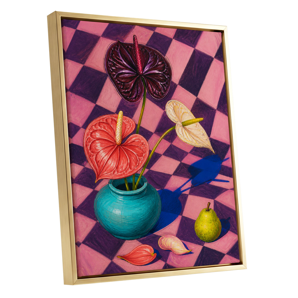 Anthurium Checkmate, pink, purple, red floral wall art shown as a gold framed canvas wall art