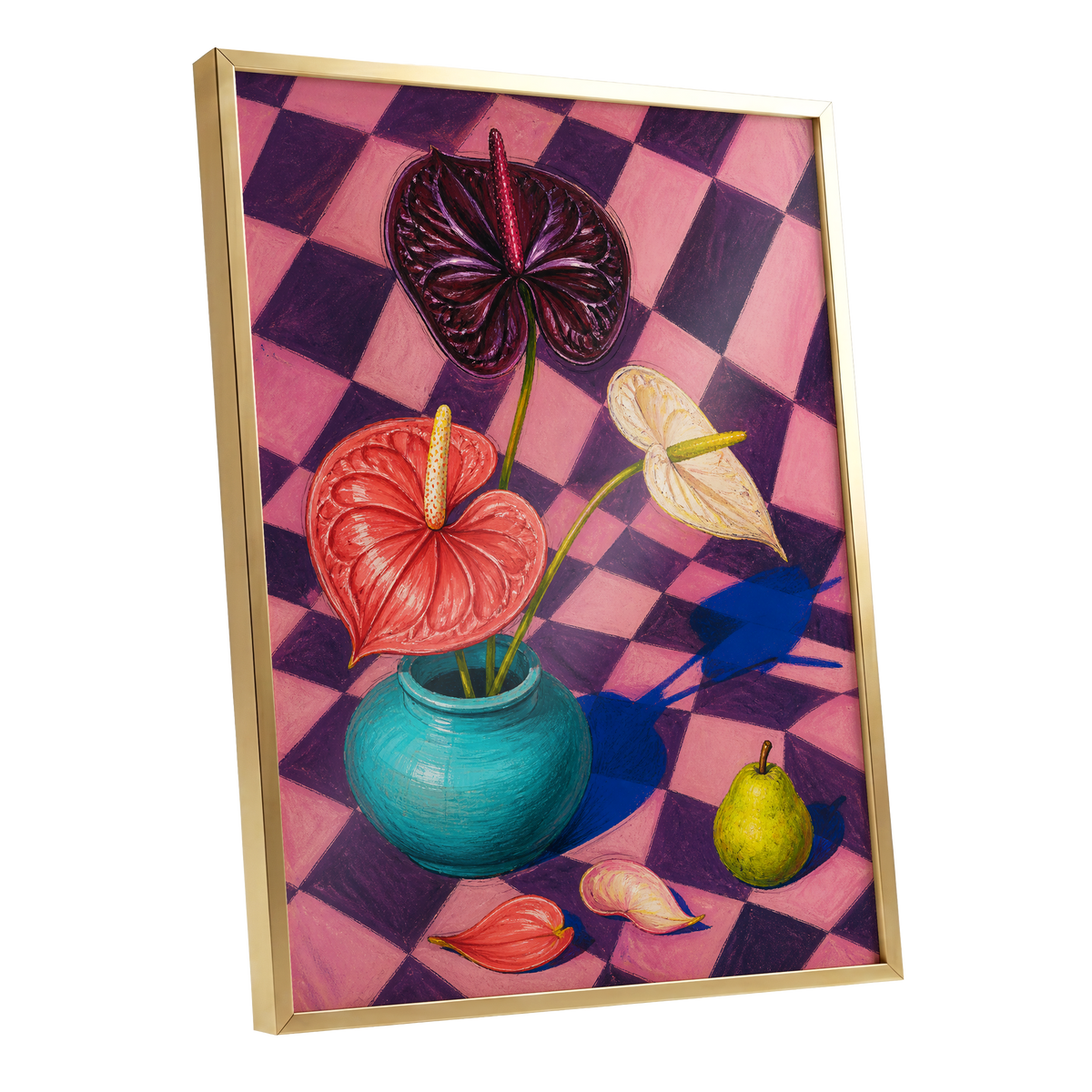 Anthurium Checkmate, pink, purple, red floral wall art shown as a gold framed poster wall art print