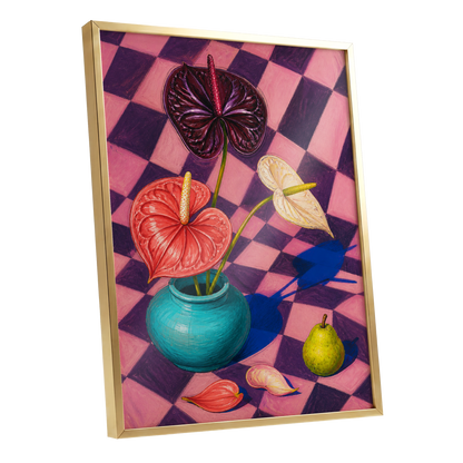 Anthurium Checkmate, pink, purple, red floral wall art shown as a gold framed poster wall art print