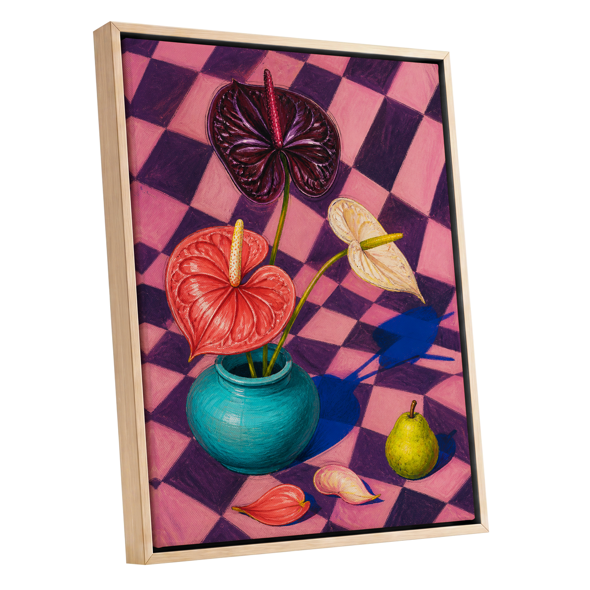 Anthurium Checkmate, pink, purple, red floral wall art shown as a oak framed canvas wall art