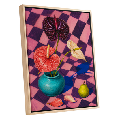 Anthurium Checkmate, pink, purple, red floral wall art shown as a oak framed canvas wall art