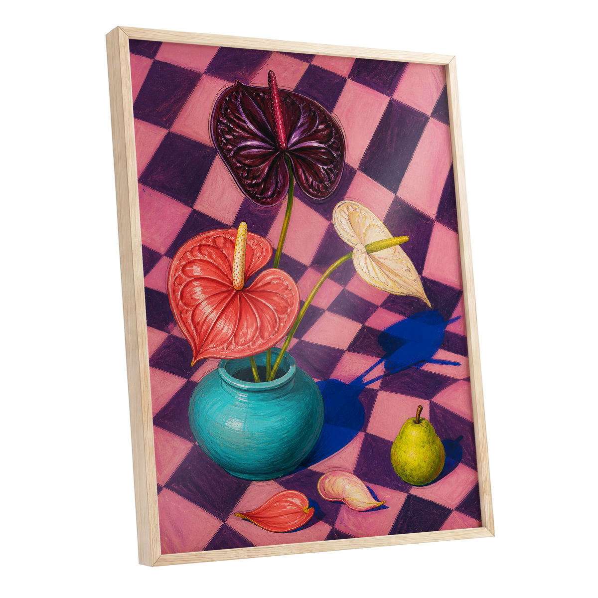 Anthurium Checkmate, pink, purple, red floral wall art shown as a oak framed poster wall art print