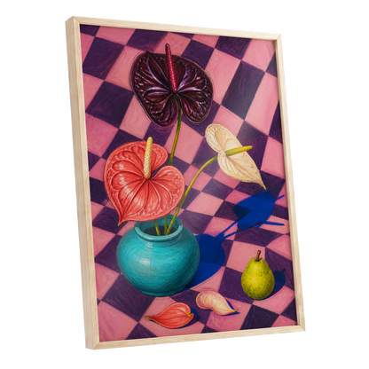 Anthurium Checkmate, pink, purple, red floral wall art shown as a oak framed poster wall art print