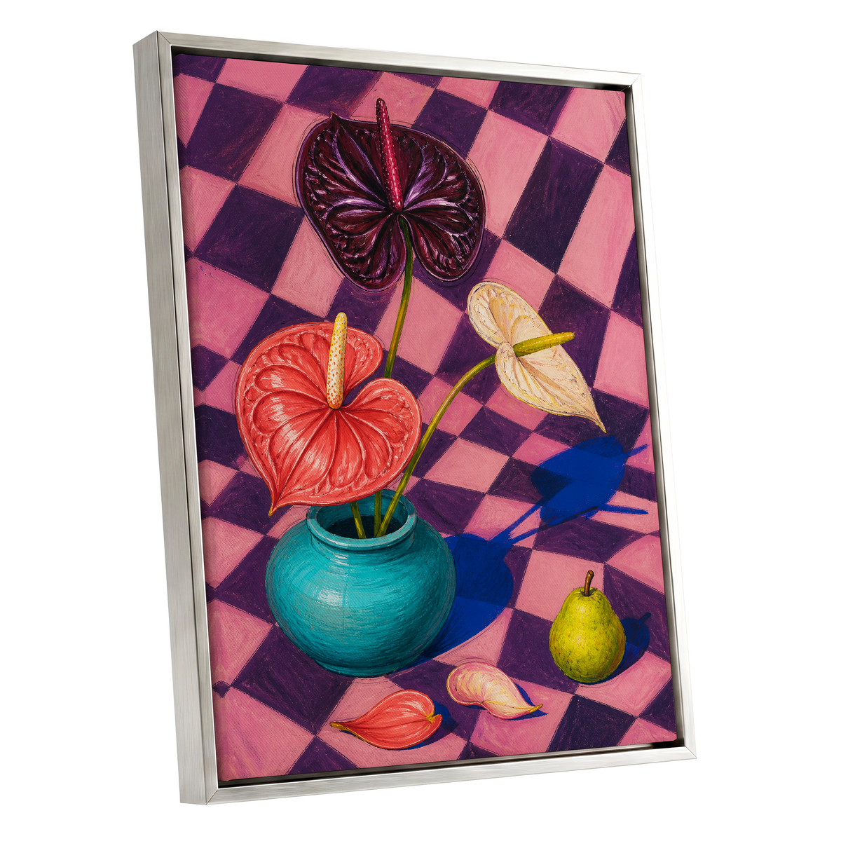Anthurium Checkmate, pink, purple, red floral wall art shown as a silver framed canvas wall art