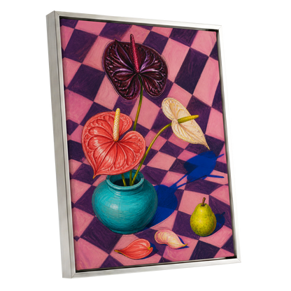 Anthurium Checkmate, pink, purple, red floral wall art shown as a silver framed canvas wall art