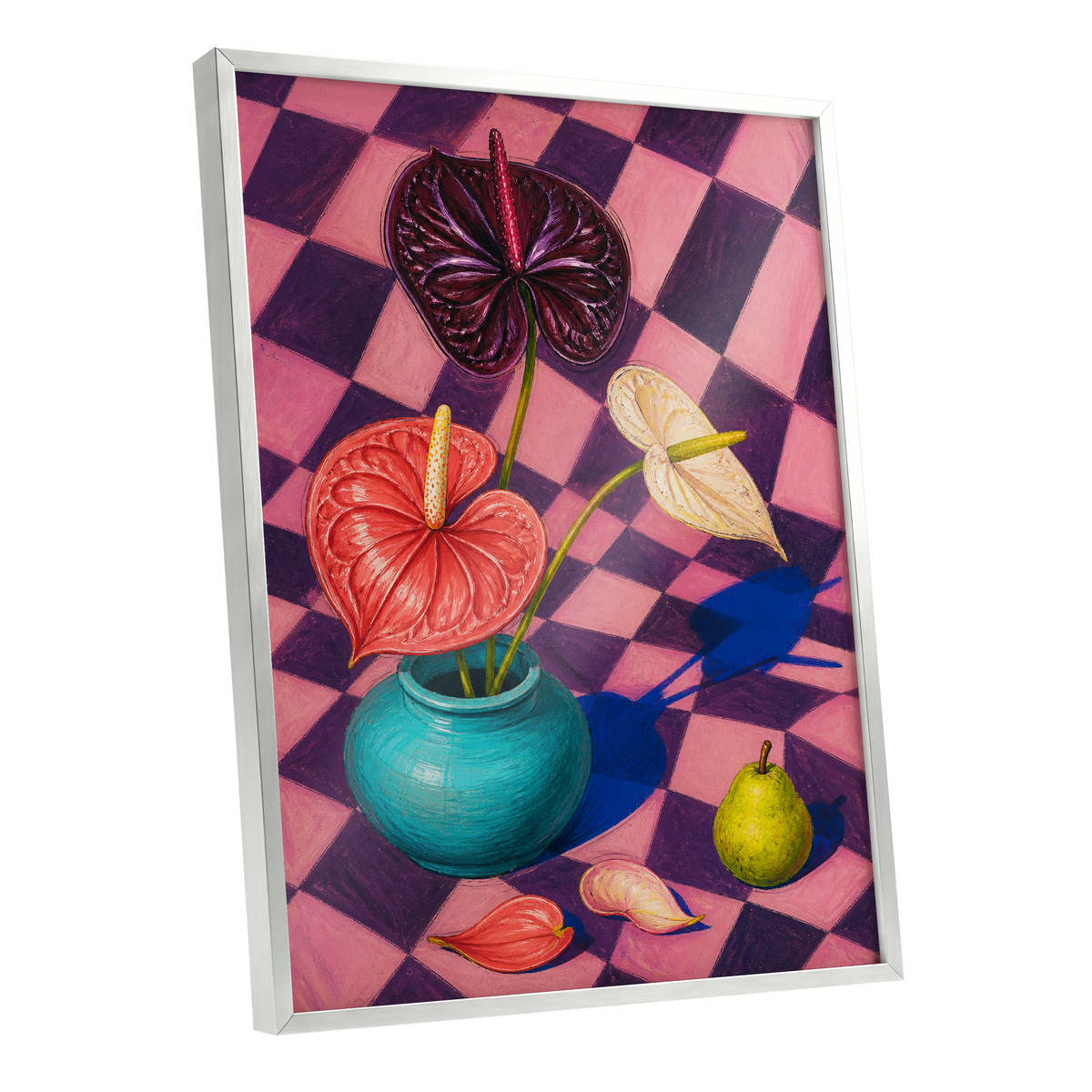 Anthurium Checkmate, pink, purple, red floral wall art shown as a silver framed poster wall art print