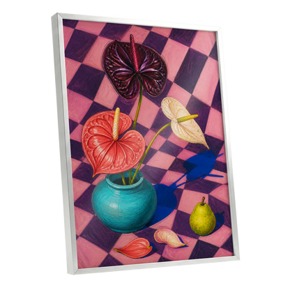Anthurium Checkmate, pink, purple, red floral wall art shown as a silver framed poster wall art print