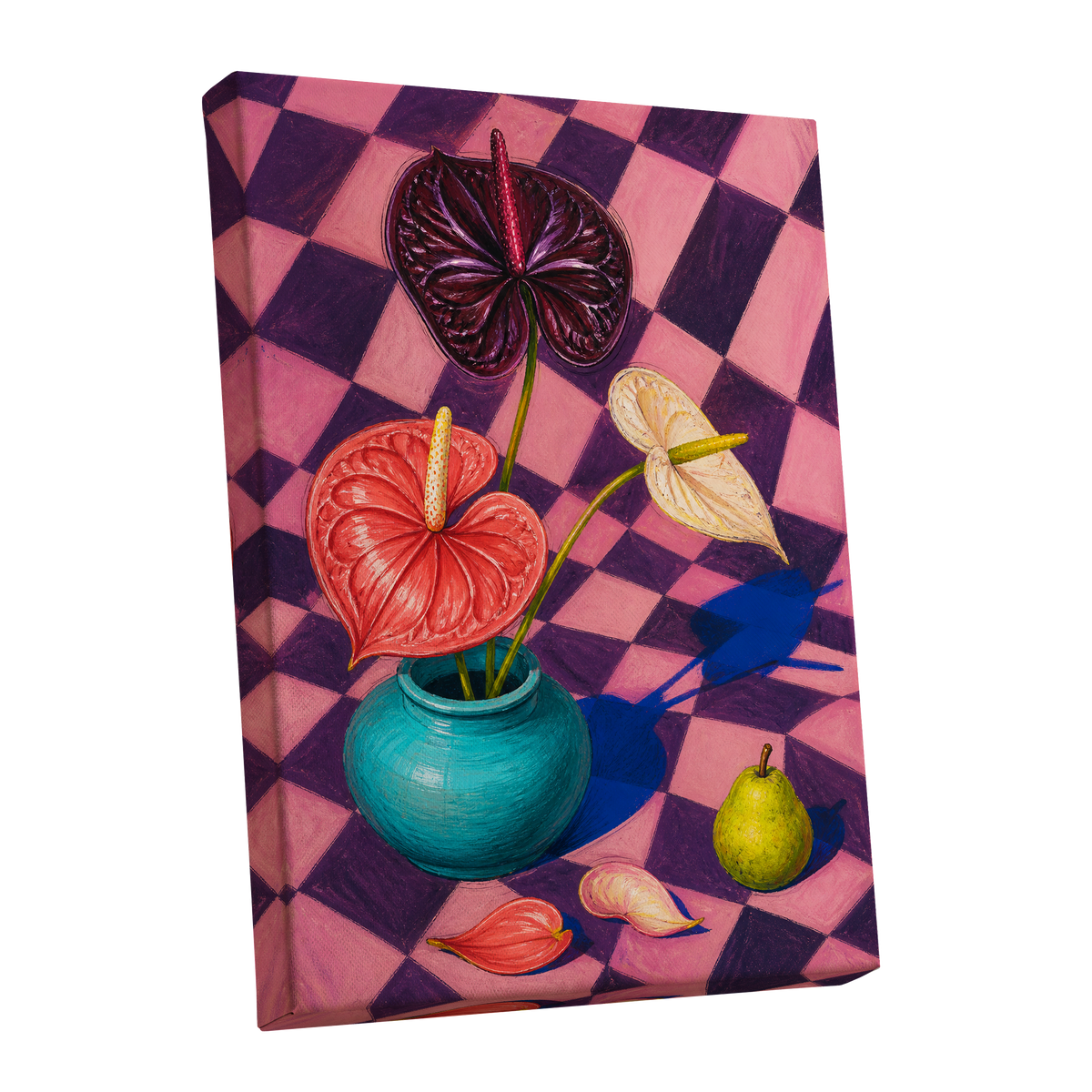 Anthurium Checkmate, pink, purple, red floral wall art shown as a stretched canvas wall art
