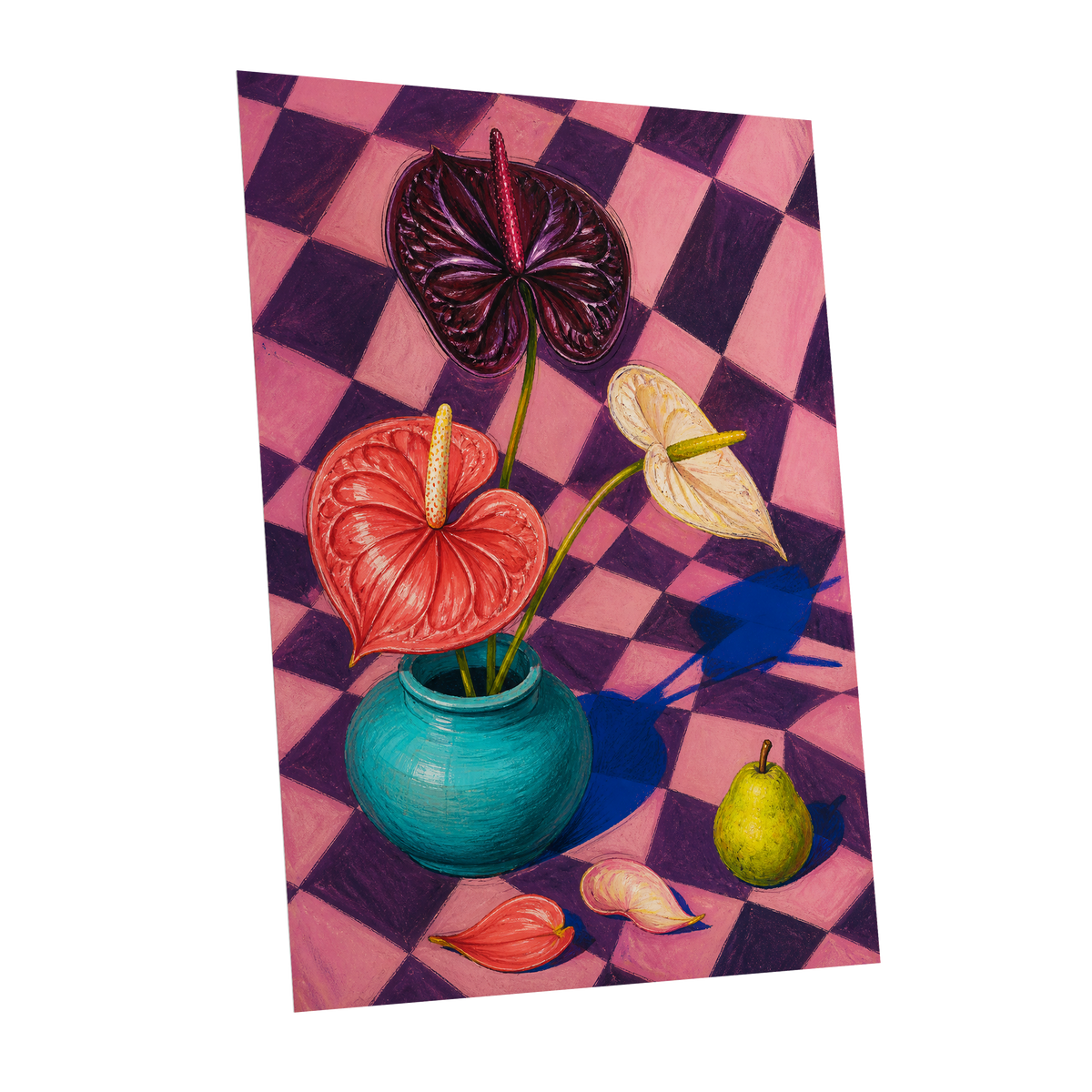 Anthurium Checkmate, pink, purple, red floral wall art shown as a unframed poster wall art print