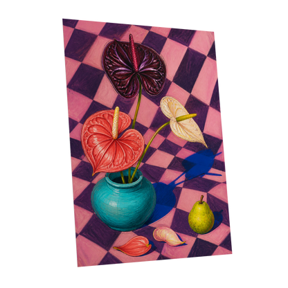 Anthurium Checkmate, pink, purple, red floral wall art shown as a unframed poster wall art print