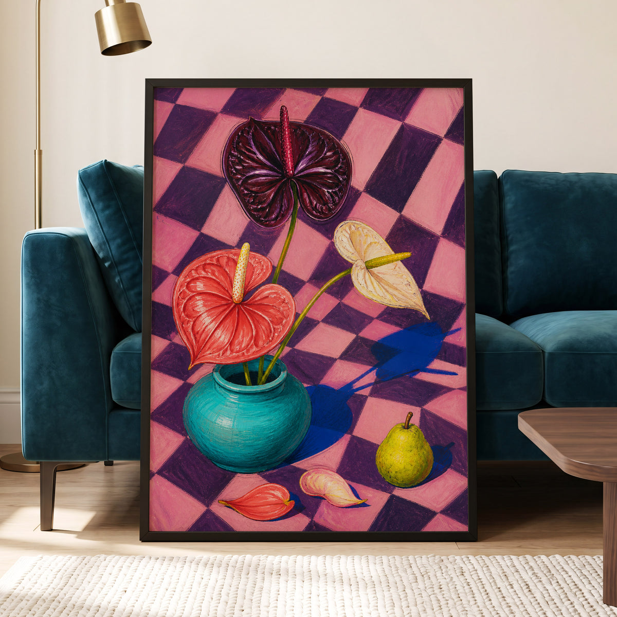 Anthurium Checkmate, pink, purple, red floral wall art displayed in a styled interior, gallery view 2