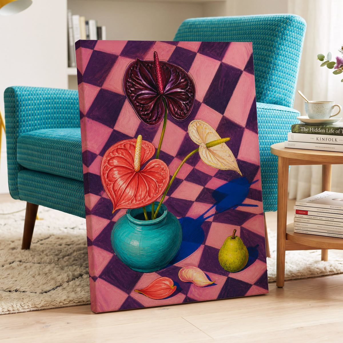 Anthurium Checkmate, pink, purple, red floral wall art displayed in a styled interior, gallery view 3