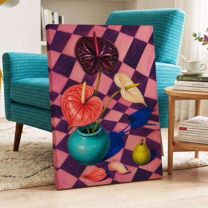 Anthurium Checkmate, pink, purple, red floral wall art displayed in a styled interior, gallery view 3