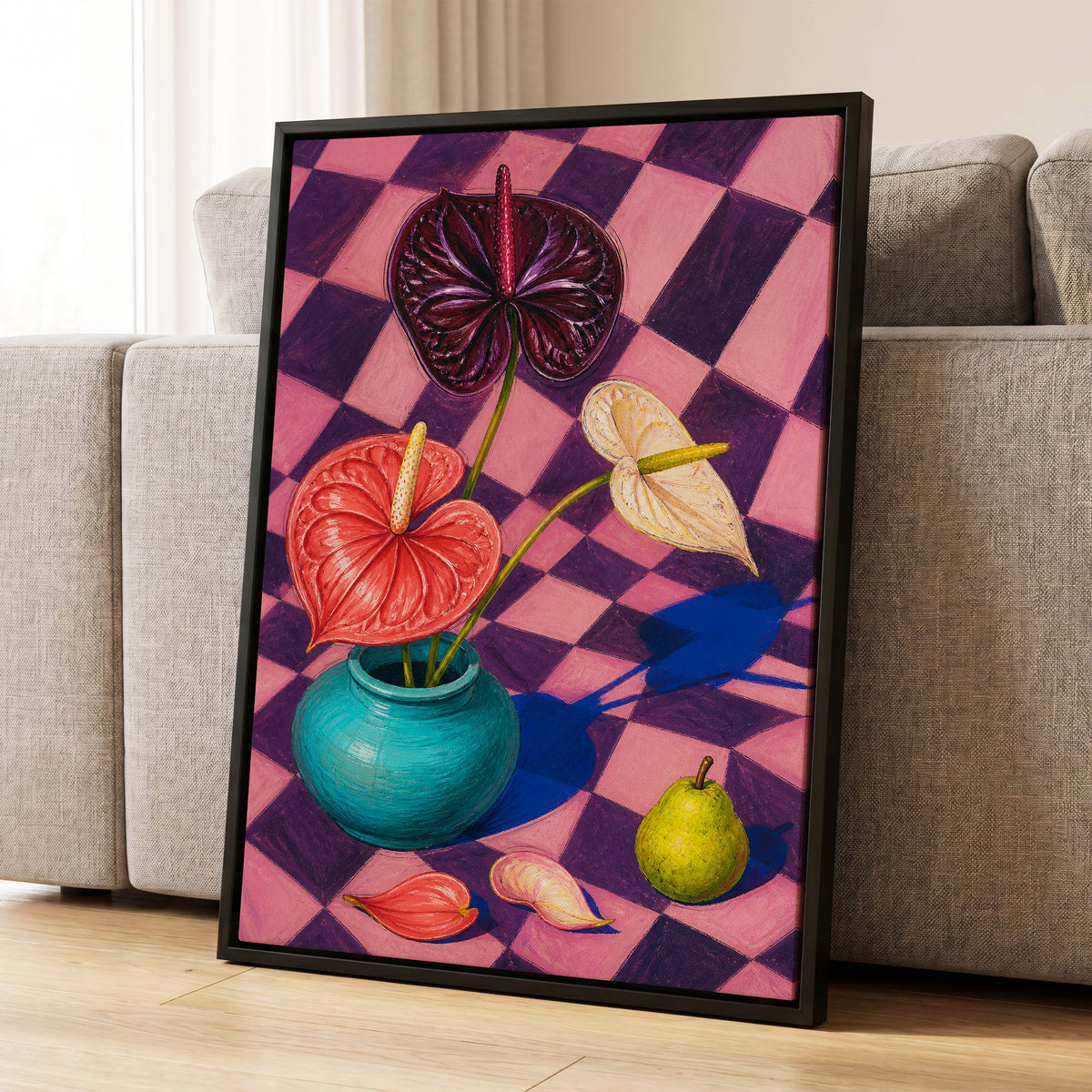 Anthurium Checkmate, pink, purple, red floral wall art displayed in a styled interior, gallery view 4