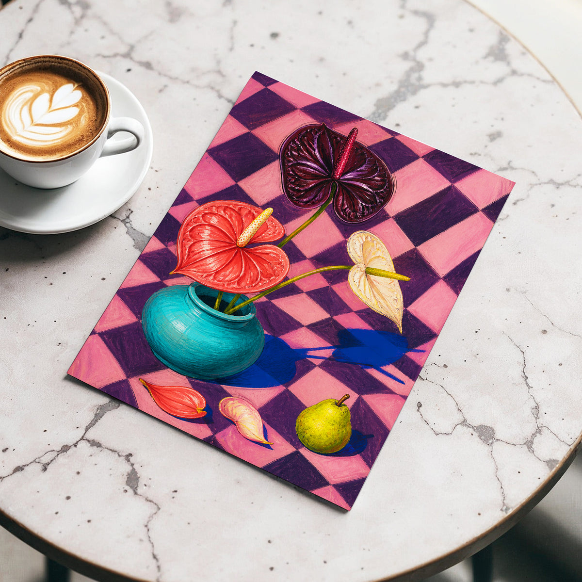 Anthurium Checkmate, pink, purple, red floral wall art displayed in a styled interior, gallery view 5