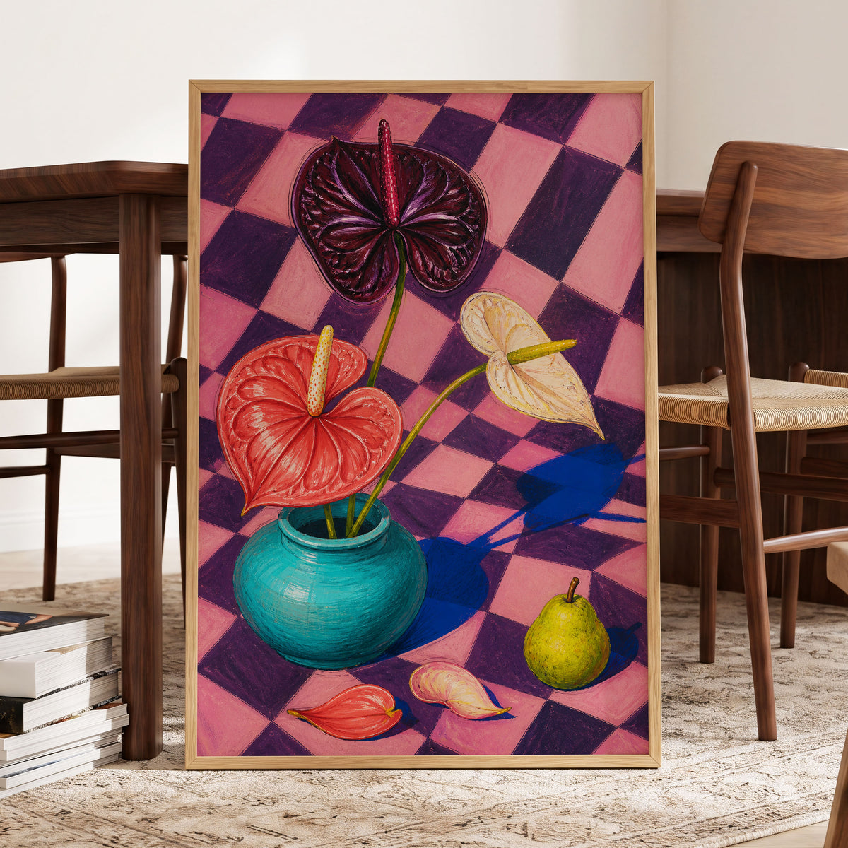 Anthurium Checkmate, pink, purple, red floral wall art displayed in a styled interior, gallery view 6