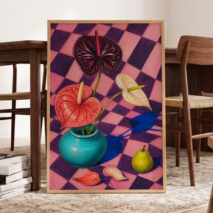 Anthurium Checkmate, pink, purple, red floral wall art displayed in a styled interior, gallery view 6